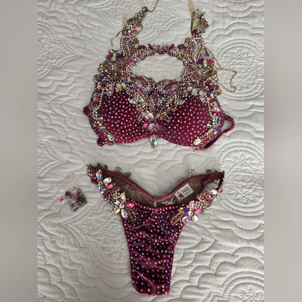 Glamorous Burgundy Embellished Bikini Set